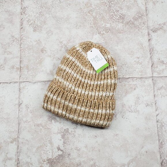 Beanie Brown Acorn Cuffed Fleece Lined No Pom Striped Toboggan Time & Tru OS - Picture 1 of 7